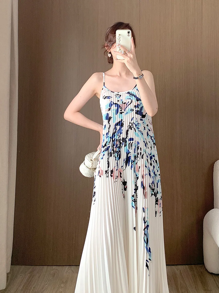 

Высококачественное женское плиссированное платье без рукавов с длинным ремешком, женское длинное платье выше колена