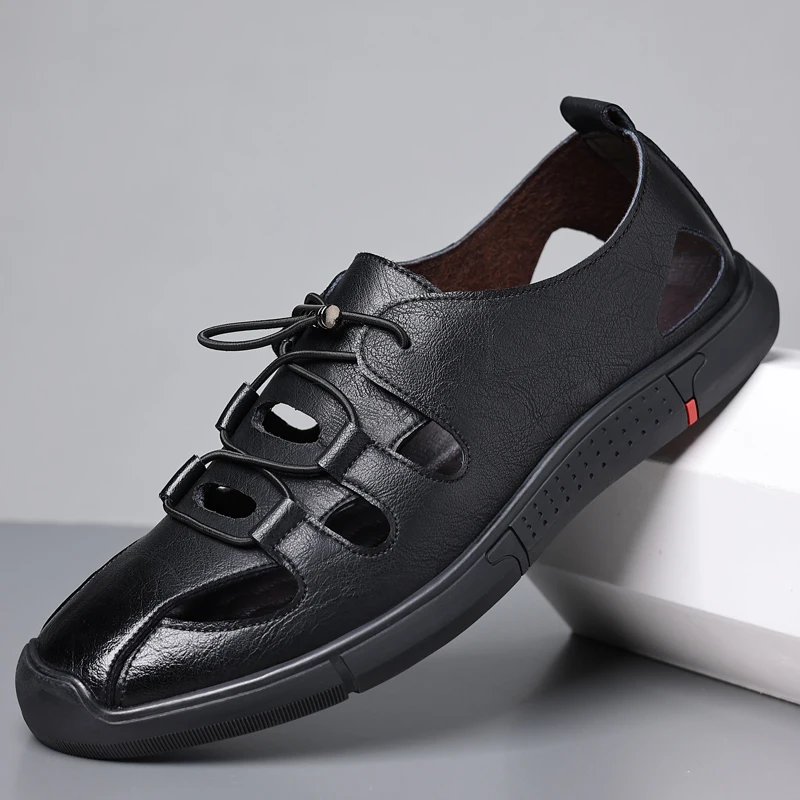 New Design Mens Sandals Summer Slippers Casual Outdoor Beach Shoes Leather Breathable Hollow Out Flat