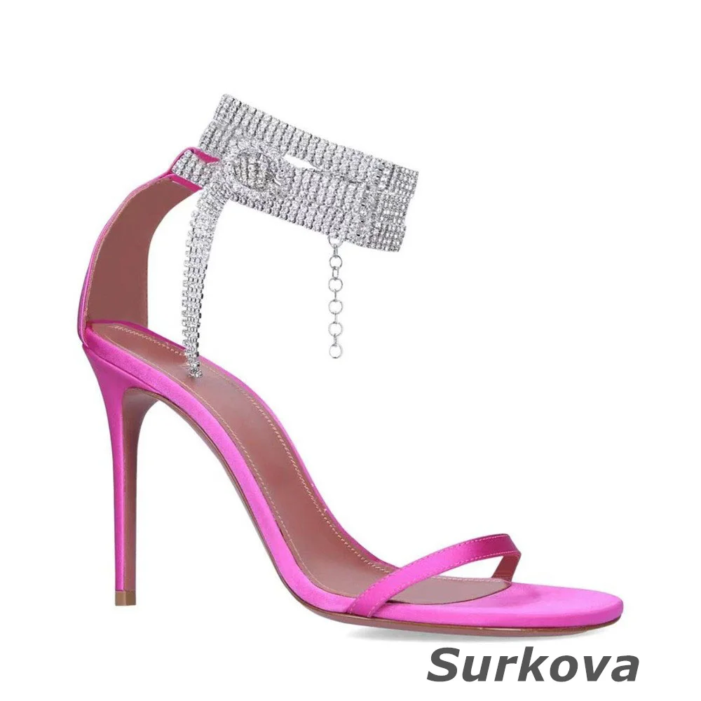 

High Heel Sandals Round Toe Back Wrapped Open Toe High Heel Shoes Elegant Rhinestone Banquet Slots Women Shoes Buckle Rose Red-