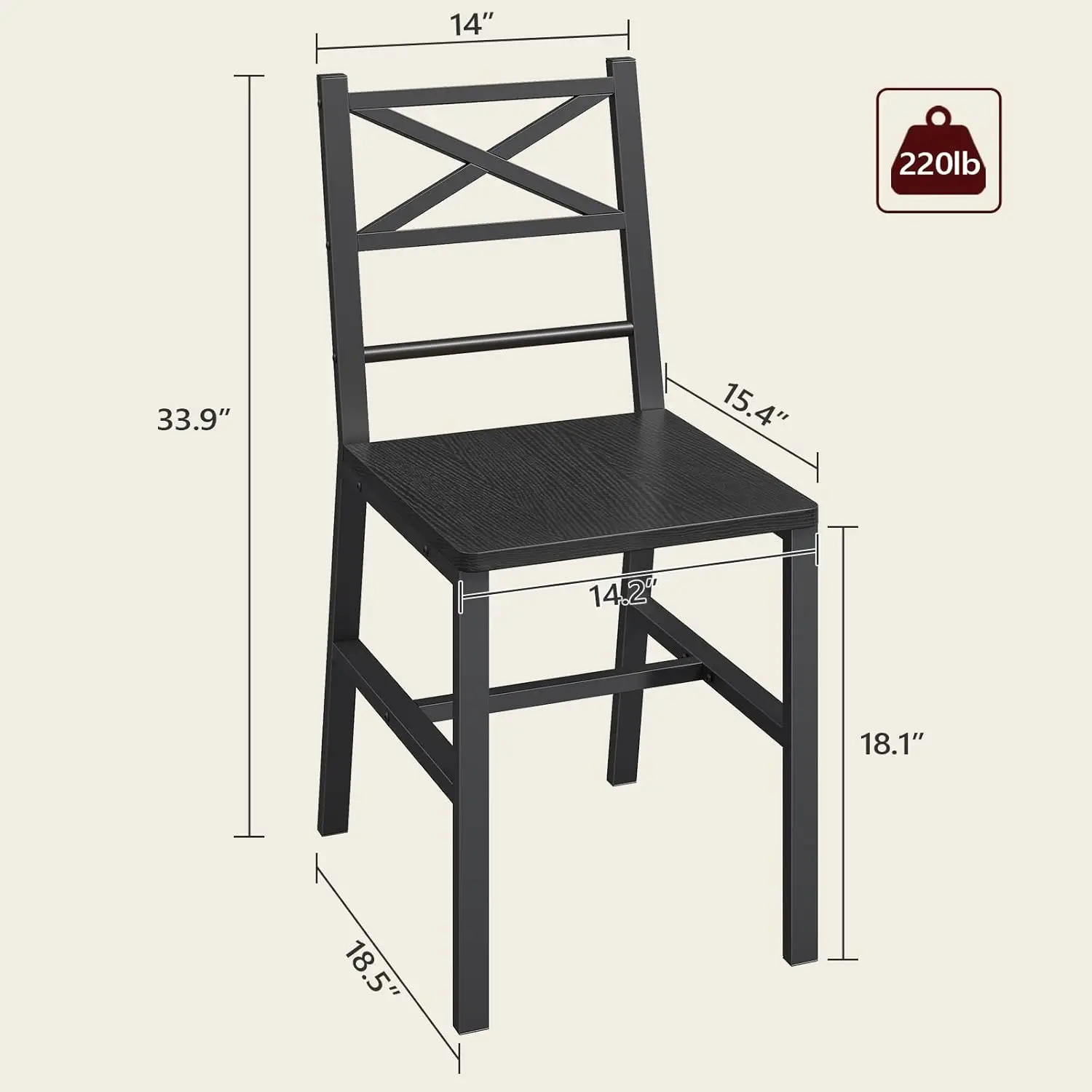 Dining Chair Set of 2. Rustic Wooden. Farmhouse Style. Metal Frame. Easy Assembly. Black. TBHB1001.