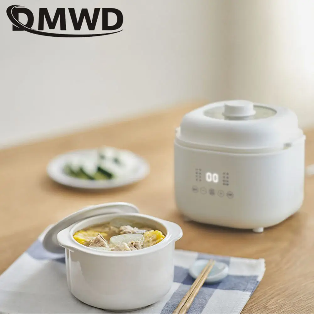DMWD Electric Slow Cooker 1L Stew Pot 7 Menus Cooking Machine Porridge Casserole Soup Maker 24H Appointment Ceramic Liner 220V