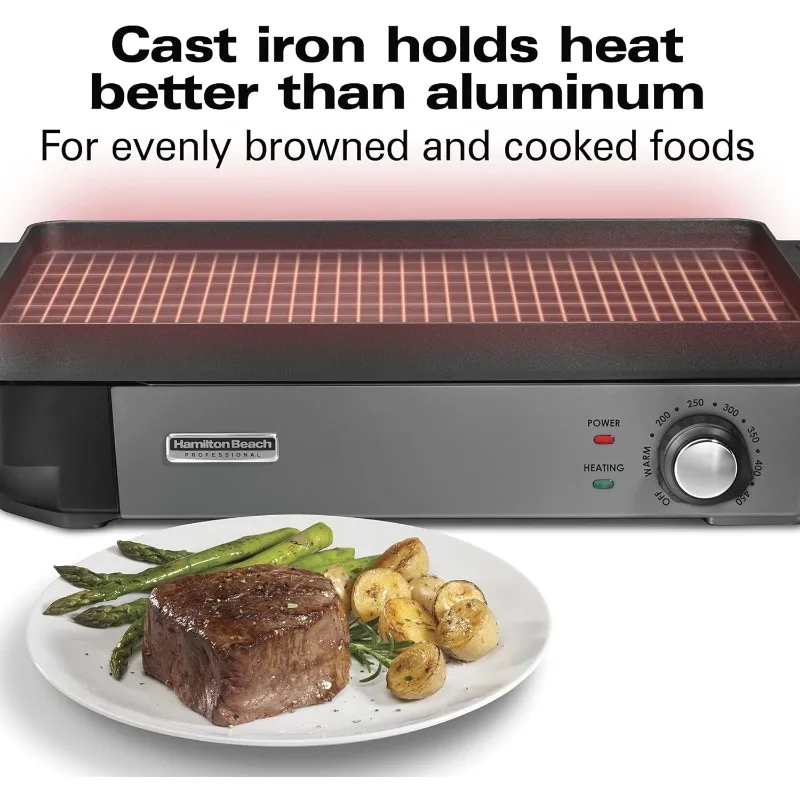 Hamilton Beach Professional Cast Iron Indoor Electric Grill & Griddle,10"x16" Preseasoned Cooking Surface,Adjustable Temperature 5