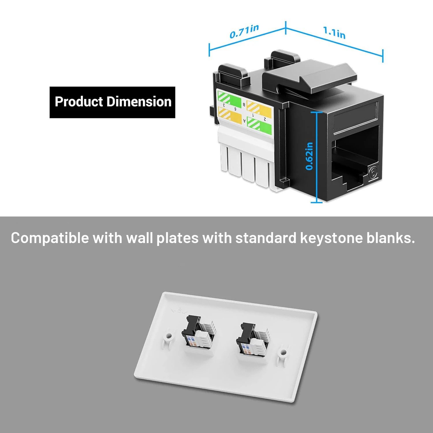 ZoeRax-Cat6 Keystone Jack e Keystone, Punch-Down Stand, UTP Modular Ethernet Jack Insert, 90 graus preto, RJ45