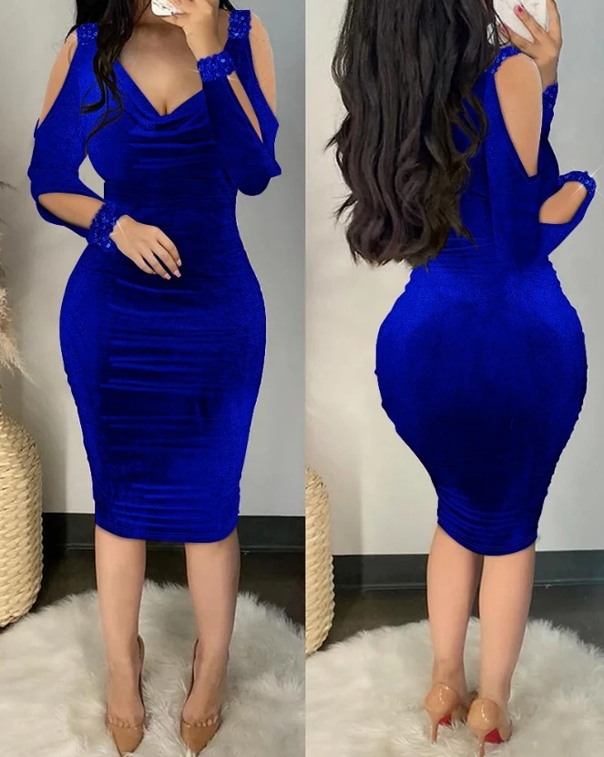 

Elegant Women's Dress 2023 New Autumn Cold Shoulder Sequin Velvet Bodycon Dress Solid Color Hollow Out Long Sleeved Sexy Dress