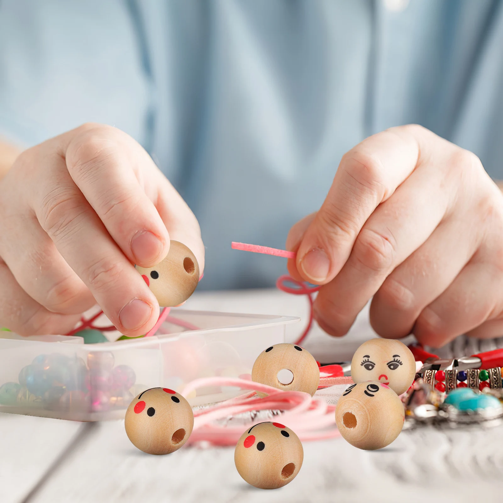 100pcs Perles En Bois Avec Visage 20mm, Boules Naturelles Avec Trou Pour Décorations DIY, Bijoux, Accessoires De Vers