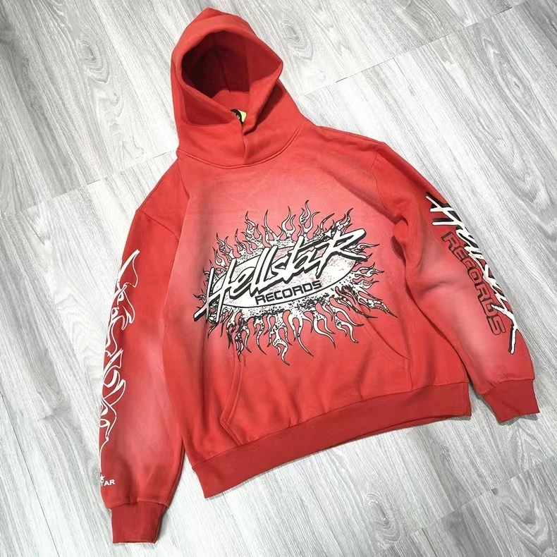 

New HELLSTAR Red Flame Letter Printed Hoodie American High Street Retro Old Graffiti Men's Sweatshirt Pullover