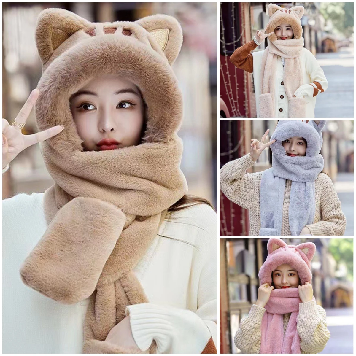

New 3pcs/set Thickened Bear Scarf Hat & Glove Sets Women Cute Japanese Kawaii Winter Plush All-in-one Hooded Warm Gloves 2023
