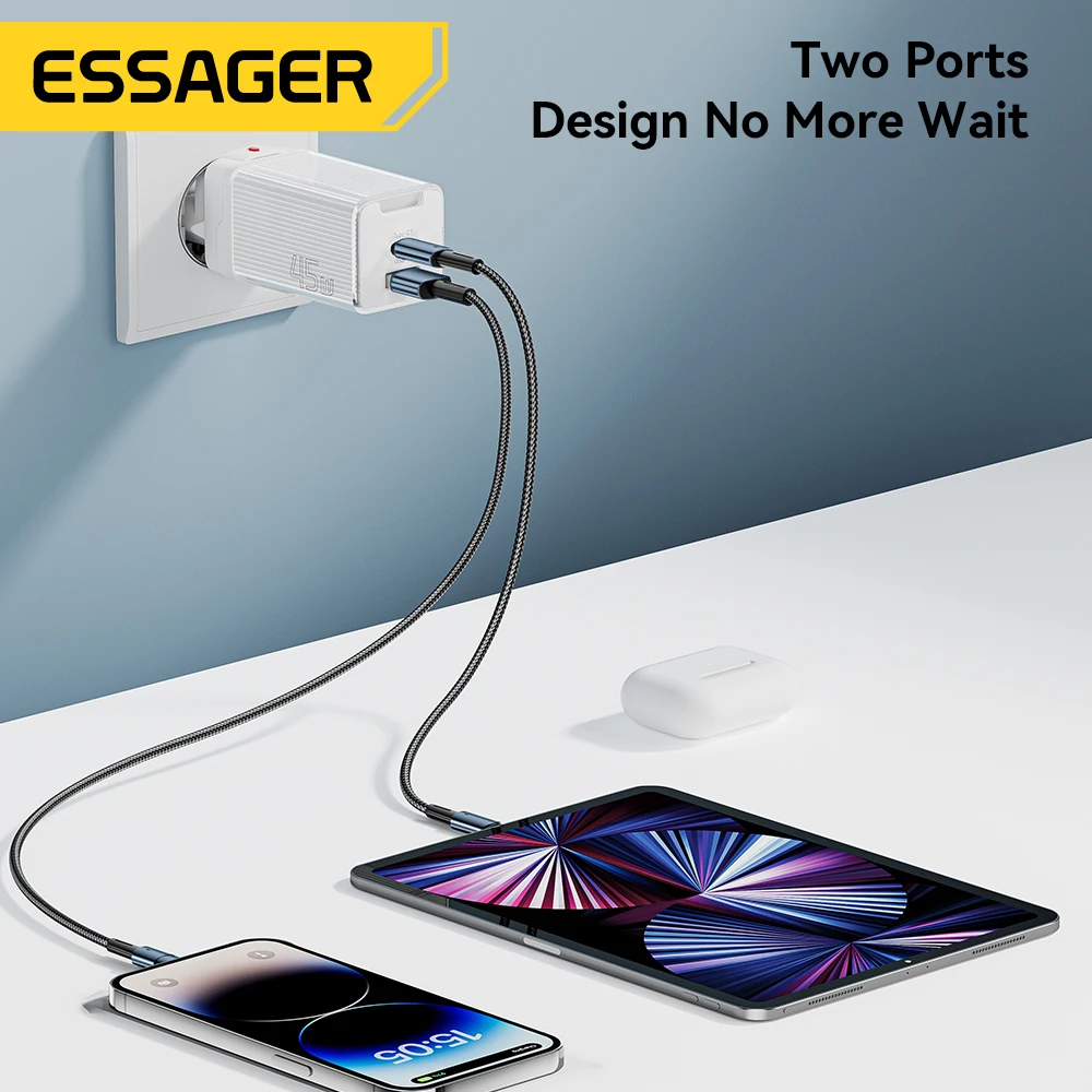 Essager GaN 45w USB A Charger Type C Quick Charge 2 in 1 Fast Charging For iPhone 14 13 12 MacBook Samsung