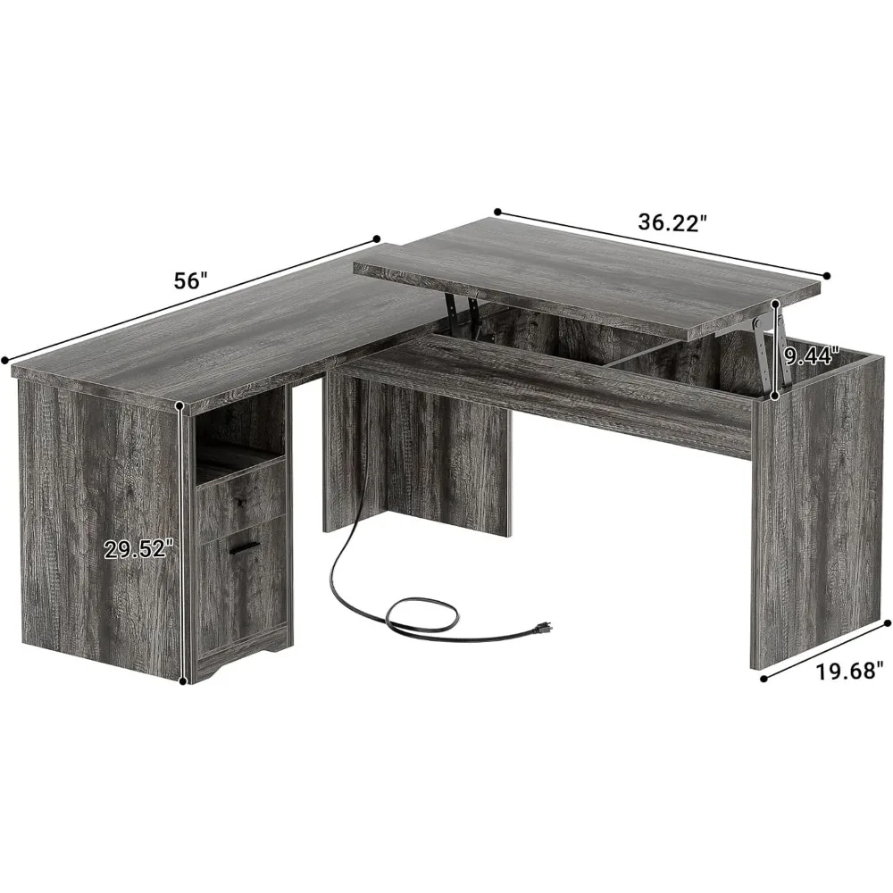 L Shaped Computer Desk with Drawer Lift Top Office Desk with Power Outlets and USB Charging Ports Large Corner Desk Writing 3