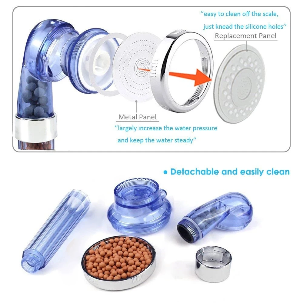 Shower Head Shower Bath Head Adjustable 3 Mode High Pressure Stone Stream Handheld Shower Head with Negative Ion Activated Ceramic Balls