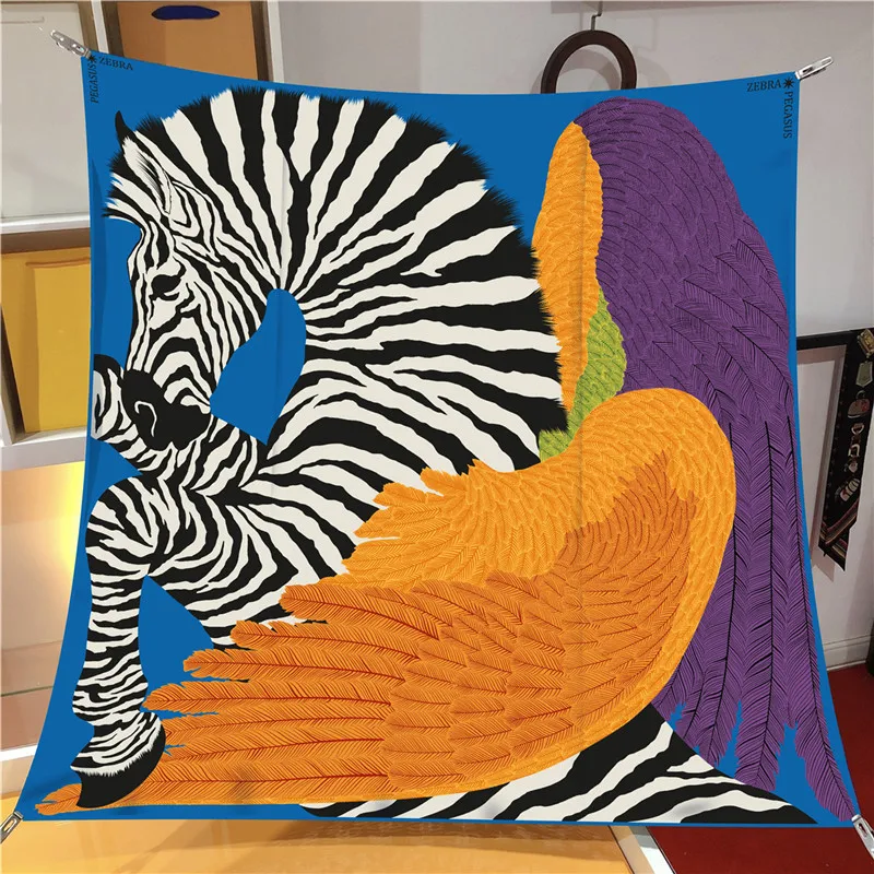 Luxury 90cm Twill Silk Checkered Horse Print Square Scarf Shawl
