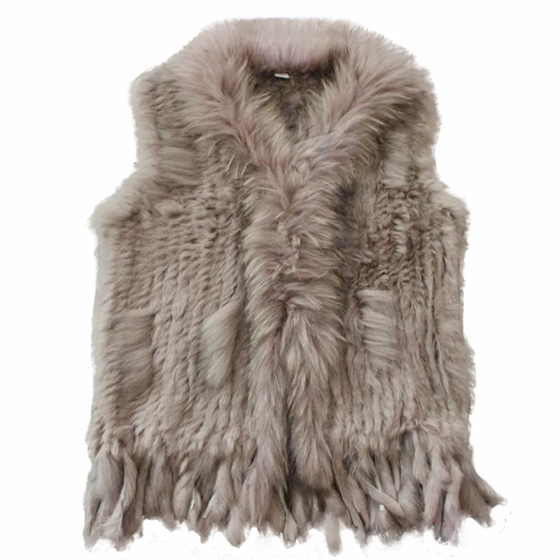 Harppihop womens natural real rabbit fur vest with raccoon fur collar waistcoat/jackets rex rabbit knitted winte