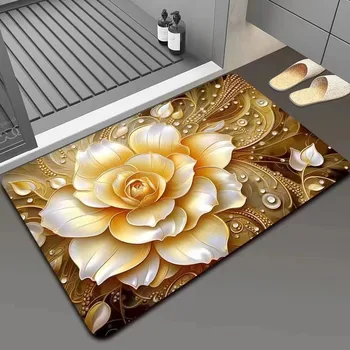 Luce di lusso fiore dorato floreale pavimento della cucina antiscivolo porta d'ingresso che assorbe l'acqua tappetino d'ingresso del bagno decorazione della casa 1
