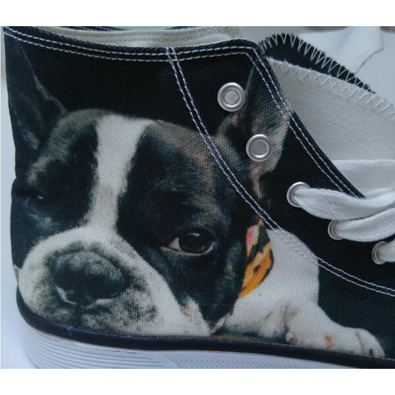 Fashion High-Top Canvas Shoes For Women Cute 3D Black French Bulldog Flat Shoes Ladies Lace-up Vulcanized Shoes