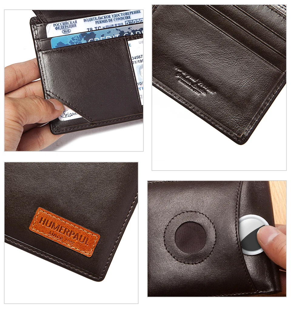 Real Leather RFID Trifold Wallet for Men - Slim Airtag Card Holder with ID Window