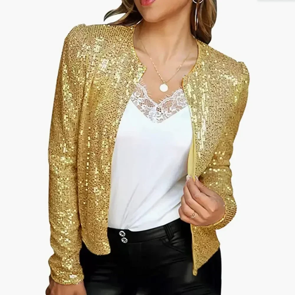 

Fashion Standing Collar Sequin Coat Casual Zipper Long Sleeve Solid Color Coat Versatile Dance Nightclub Bar Jacket Women 30075