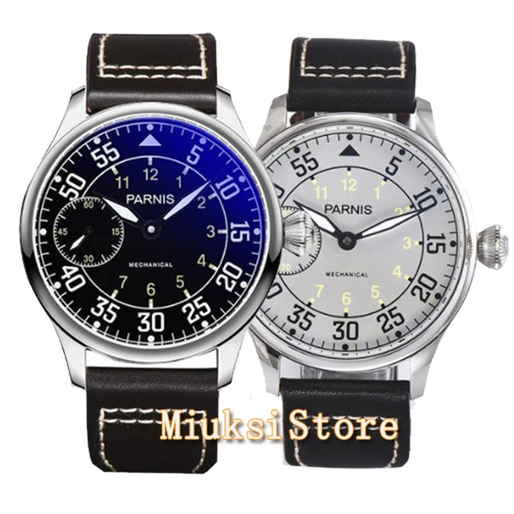 

Parnis 44mm Case Mechanical Men Watch Hand Winding Men's Watches ST3600 Movement 17 Jewels Leather Strap Man Clock Wristwatch