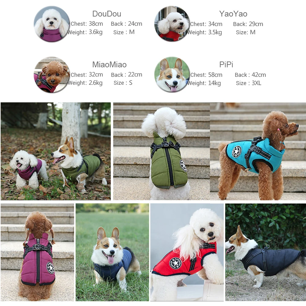Winter Coats for Dogs Water Repellent Dog Jacket with Harness Thicken Warm Padded Dog Clothes Snowsuit for Small Dogs Reflective