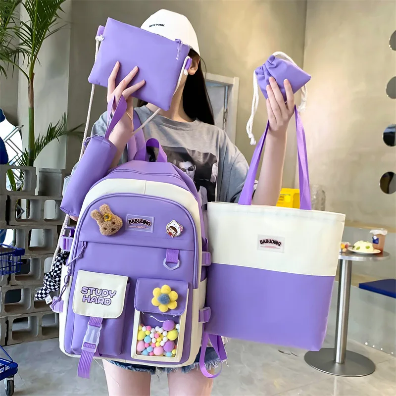 

5in1 Set Cute Handbag Backpack Phone Bag 13-15.6inch Korean Version Simple Large Capacity Laptop Bag Case for Kids Student Gift