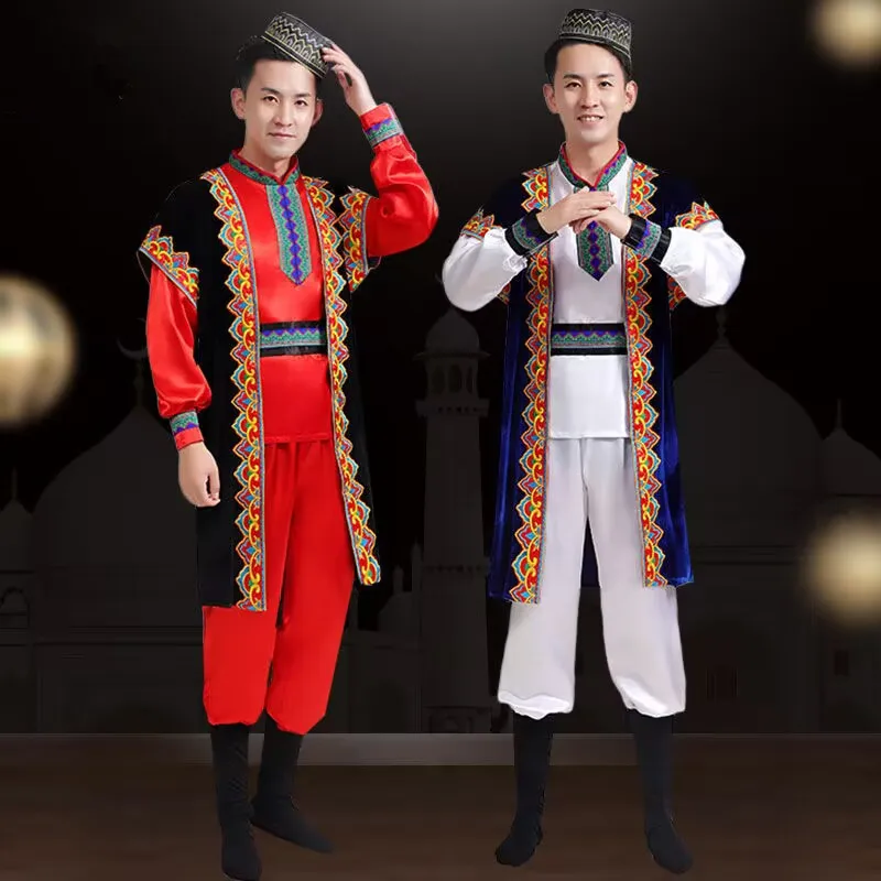 

Kazak Nationality Cosplay Costume For Men Red Blue Xinjiang Vintage Uighur Dance Clothes Suit Long Sleeve Ethnic Minorities