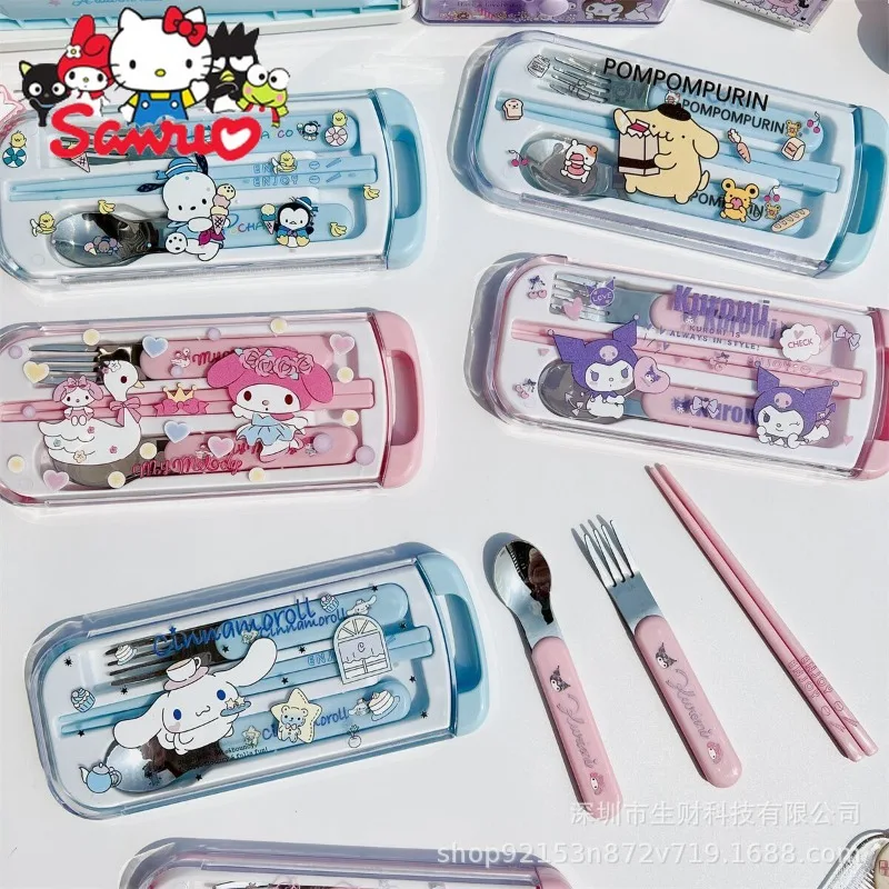 

Sanrio Melody Kuromi Hello Kitty Cinnamoroll Pochacco 304 Stainless Steel Cutlery Schoolgirl Eating Chopsticks Spoon Fork Box