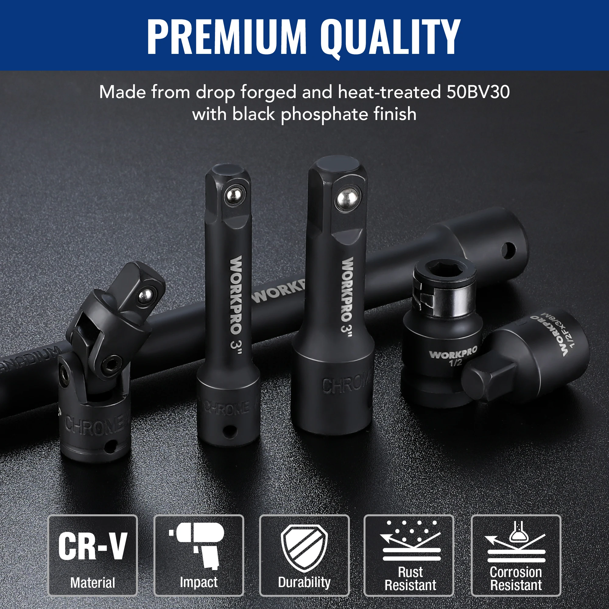 WORKPRO 18Pieces Drive Tool Accessory Set Includes Socket Adapters Socket Extension Bar Swivel Universal Joints Impact Coupler