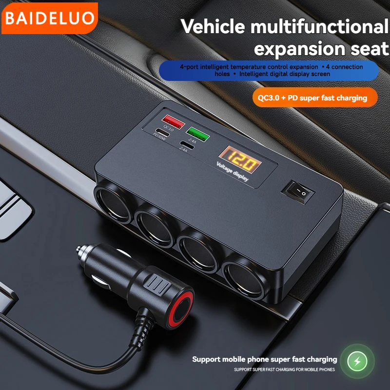 Multi-port QC3.0 PD Car Charger Adapter 4 Expansion Ports 12-24V Car Plug Smart Shunt for Fast Charging