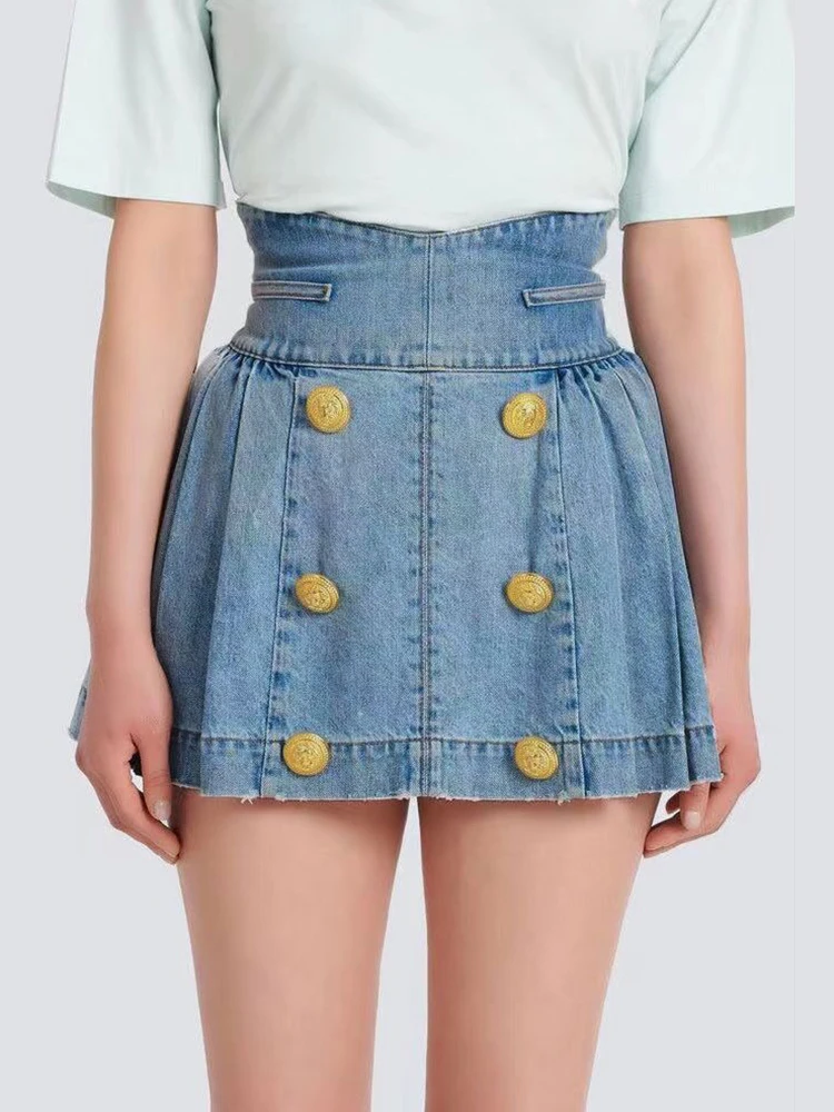 

Denim Skirt 2023 New Designer Fashion Double Breasted Lion Button Pressed Pleated Washed Blue Denim Short Mini Skirt