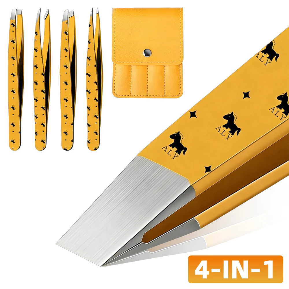 4개 스테인리스 스틸 눈썹 족집게 세트, 정밀한 사선형 뾰족한 팁, 얼굴 털 제..