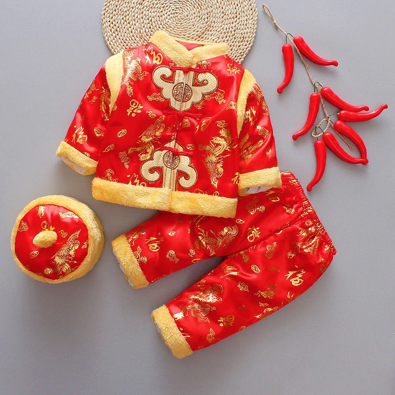 Baby New Year Tang Suit 3Pcs Chinese Traditional Kids Anniversary Costumes 10Colors Cotton Boys Girls Winter Warm chinese traditional costume