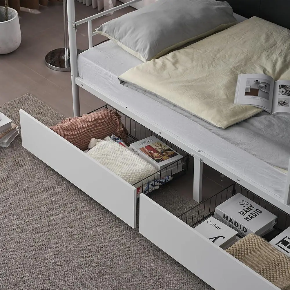 White Metal Bunk Bed Twin Over Twin with Storage Drawers Built-in Ladder Safety Guardrail Space Saving Solution Kids Room 4