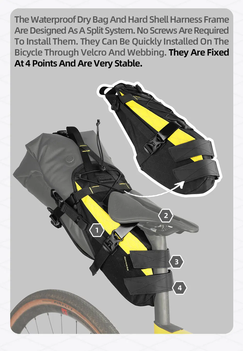 Rhinowalk Fahrrad-Satteltasche, stabil, nicht schütteln, 14 l, großes Fassungsvermögen, abnehmbarer Trockensack, wasserdicht, für MTB, Rennrad, Kies, Fahrrad, Verpackung – Detail 7