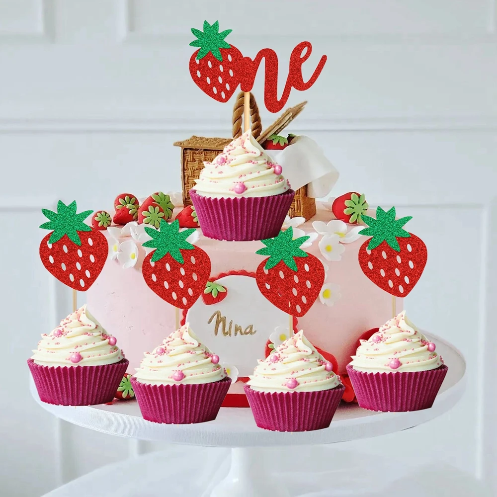 1set Erdbeere Kuchen Topper Bling Rote Cupcake Topper für Sommer Erdbeere Glückliche Früchte Party Dekoration DIY Kuchen Liefert