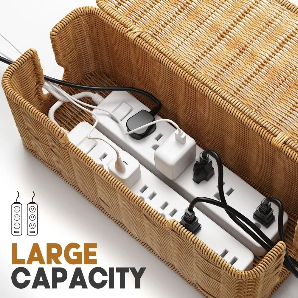 New 2 Open Slots Cable Management Box with Lid Handwoven Cord Organizer Hider Box Imitation Rattan Box Desk Storage Box