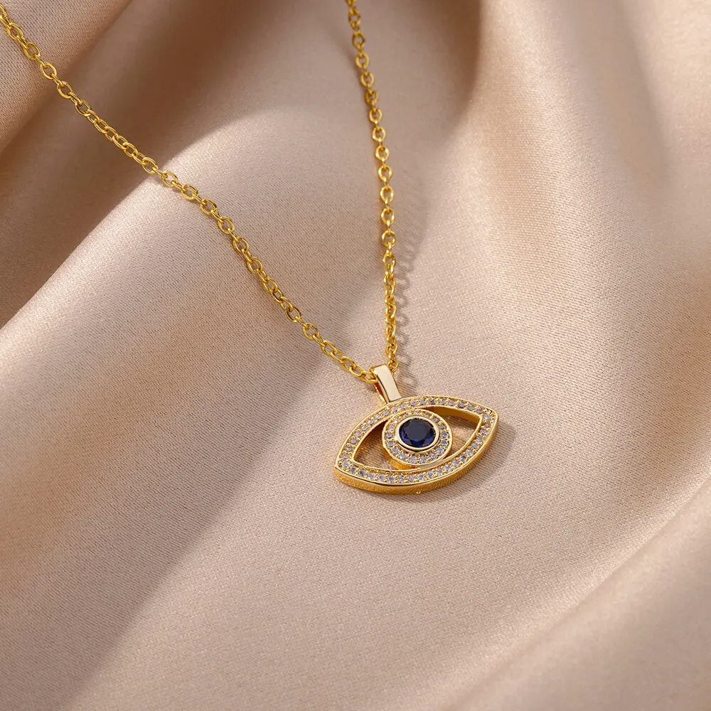 Collier Mauvais œil Grec Bleu - Pendentif Chance En Pierre, Plaqué Or