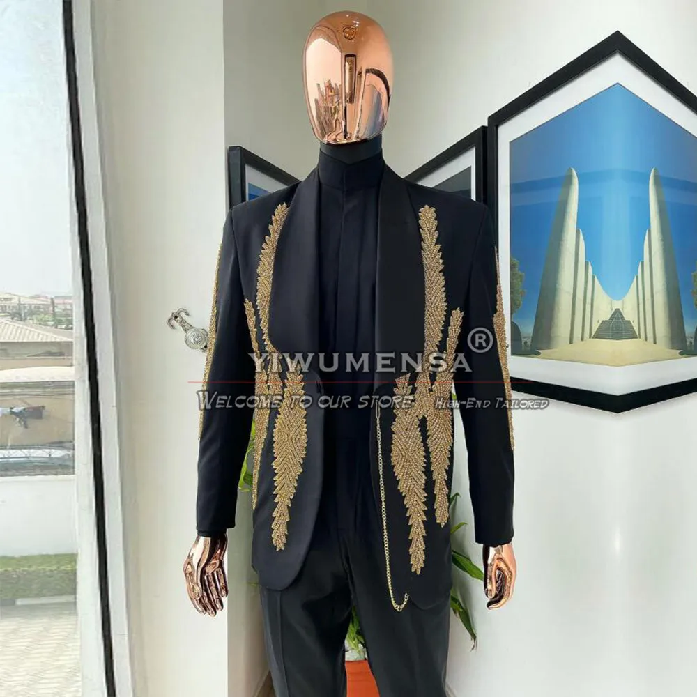 

Роскошные черные свадебные костюмы для мужчин, облегающие золотистые брюки с аппликацией, официальные строгие брюки для выпускного вечера