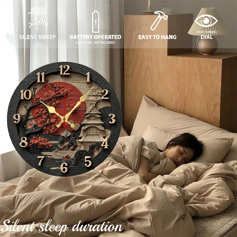 ساعة حائط خشبية مستديرة صامتة معلقة على شكل سامورا...