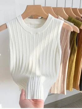 2026 Women Top Korea Knitted Vests O-neck Solid Tank Blusas Y2K Summer Fashion Female Sleeveless Casual Thin Tops 1