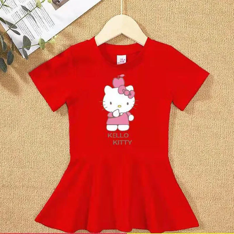 thumbnail image 1 of Hello Kitty algodón nuevo vestido de manga corta niños falda con estampado de dibujos animados niñas verano camiseta Top falda de princesa ropa para niños, 1 of 5