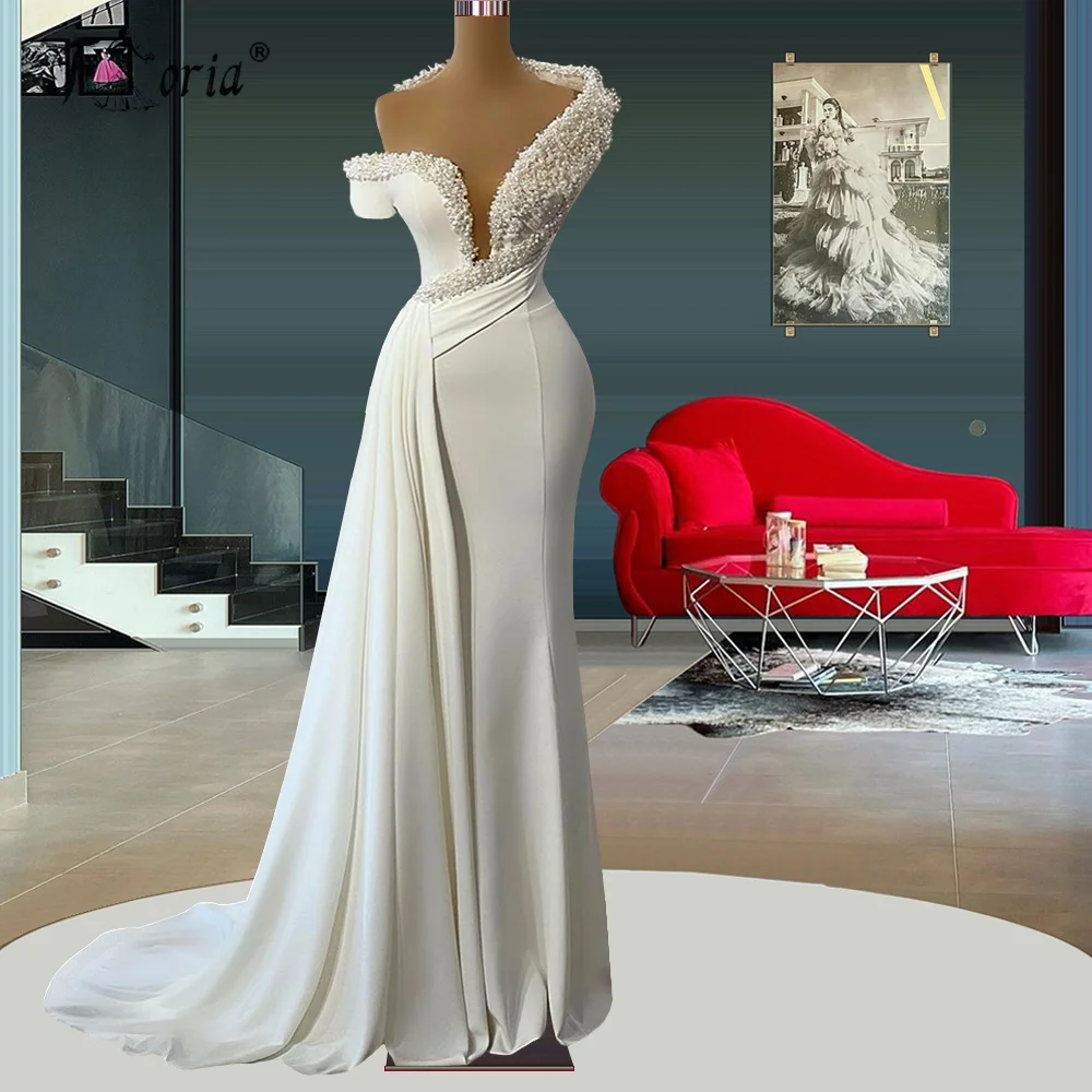 

Elegant Long White Beaded Pearls Mermaid Wedding Evening Dresses Dubai Arab Floor Length Formal Party Dress فساتين مناسبة رسمية