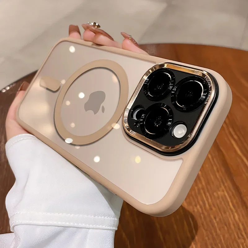 Luxury Magnetic Metal Lens Bumper Protection Case with Magsafe Acrylic Translucent Cover