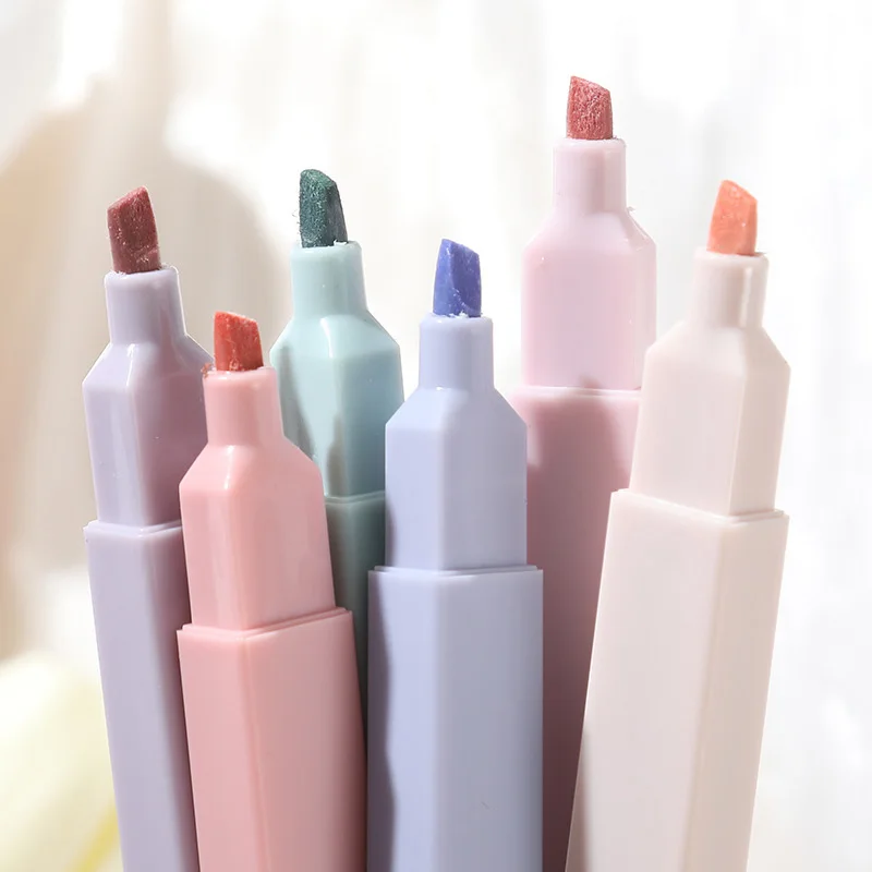 6pcs/set Highlighters Soft Tip Colourful Student Highlighting Underlining Markers Drawing Pens Angled Tip Handwriting Pens