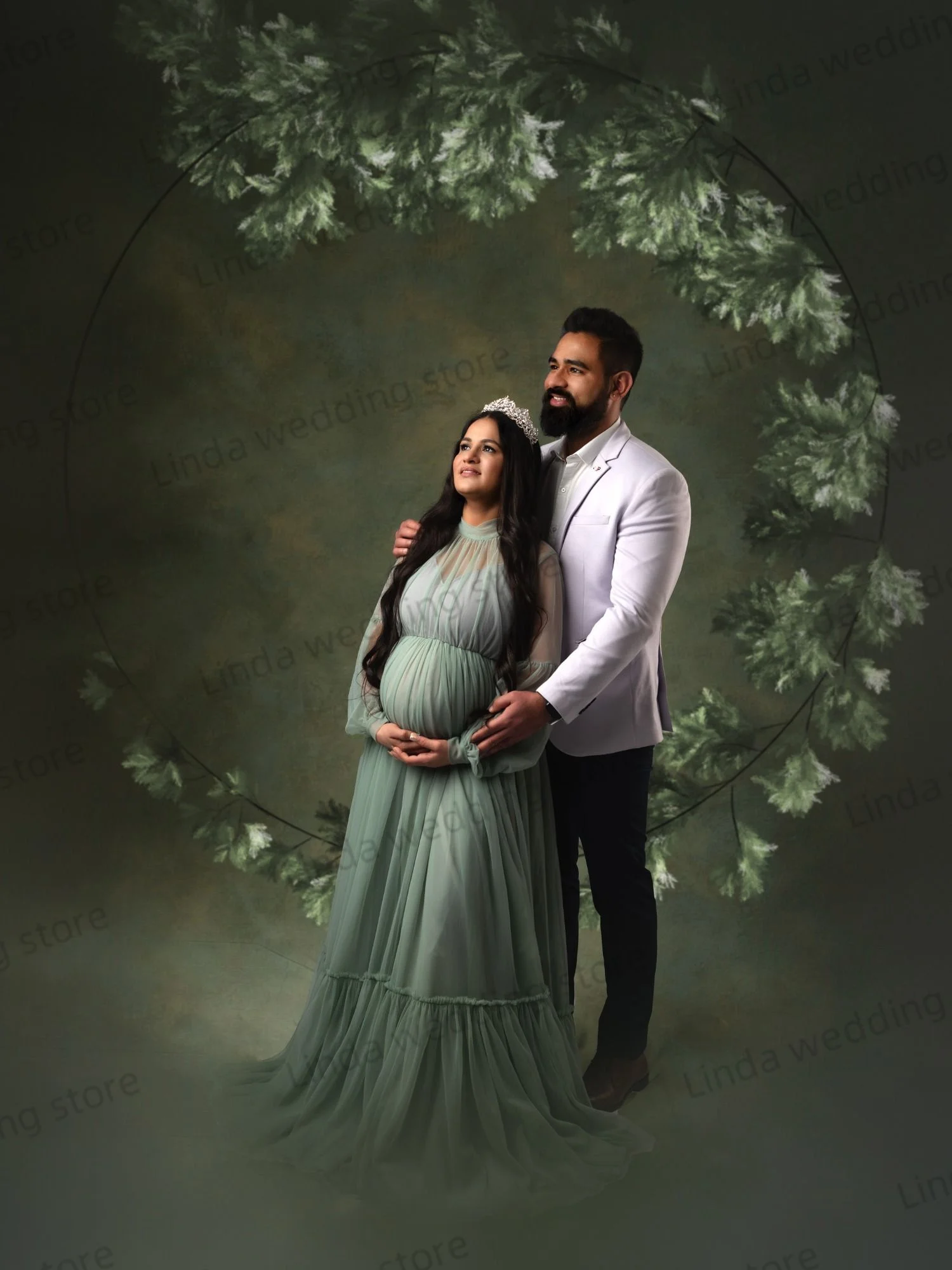 Mint Green Maternity Dresses for Photoshoot Modest Tulle Gala Dress Women High Neck Long Babyshower Pregnancy Dress