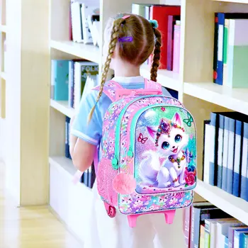 3Pcs Rolling Backpack for Girls, Kids Roller School Backpack with Wheels, Fox Wheeled Bookbag for Elementary Preschool Kindergar 1