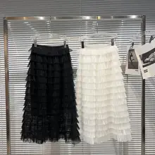 

2022 spring new multi-layer mesh elastic waist solid color long skirt veil korean fashion clothing see through women harajuku
