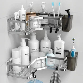 No Drilling Stainless Steel Triangle Double Layer Shelf for Bathroom 1