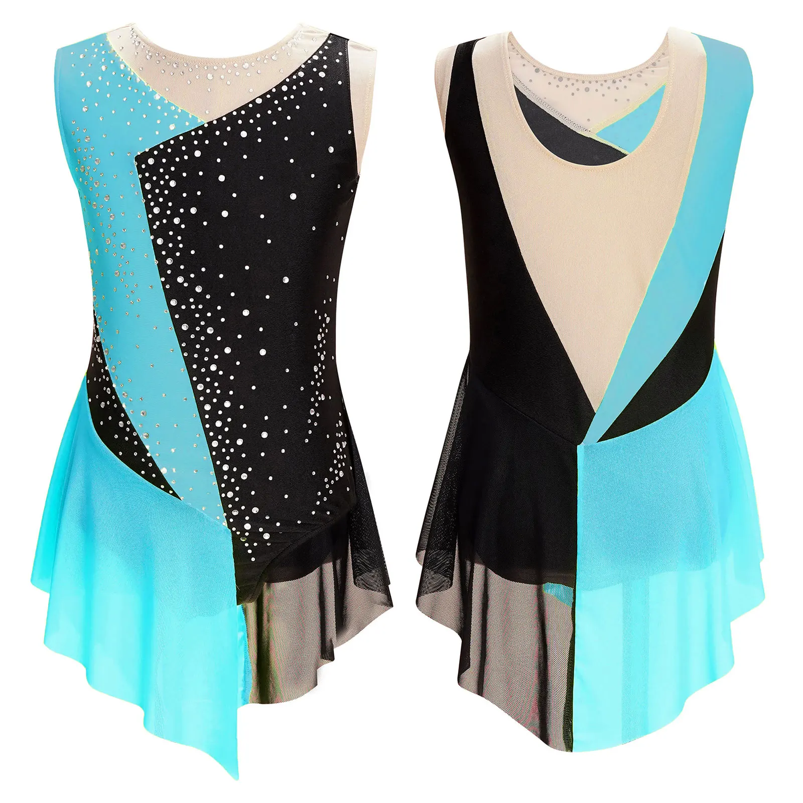 thumbnail image 1 of Traje de patinaje artístico para niñas, gimnasia, ballet, maillot, malla transparente con brillantes y diamantes de imitación, tutú de bailarina, mono ajustado, 1 of 5