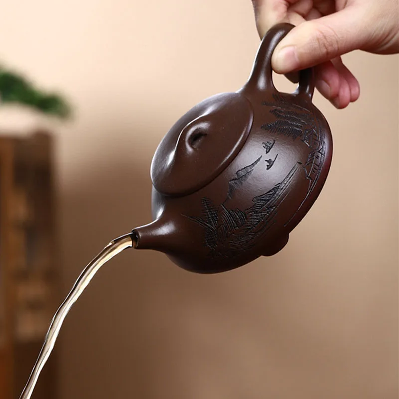 Chinese Style Stone ladle shape Teapot, Old Purple Mud, Kung Fu Household Indoor, Pure Handmade, 220cc, Tea Pots, 1Pc