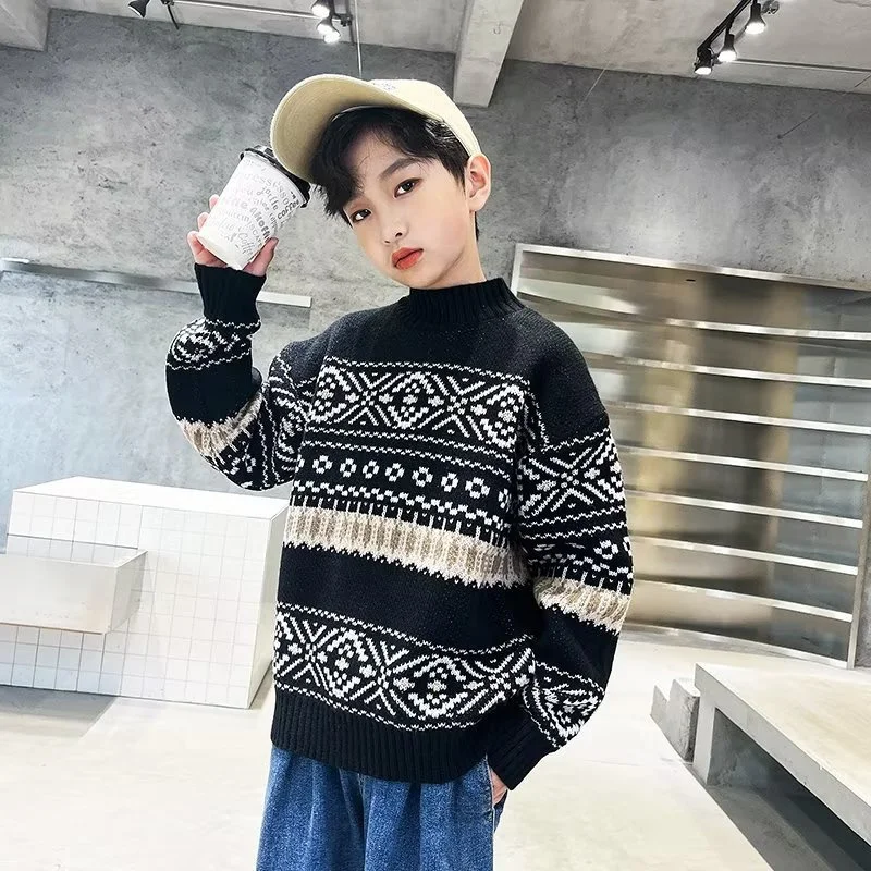 

Boys Woolen Sweater Crochet Cotton Windbreak 2023 Vintage Warm Thicken Autumn Winter Pullover Plus Size Children's Clothing