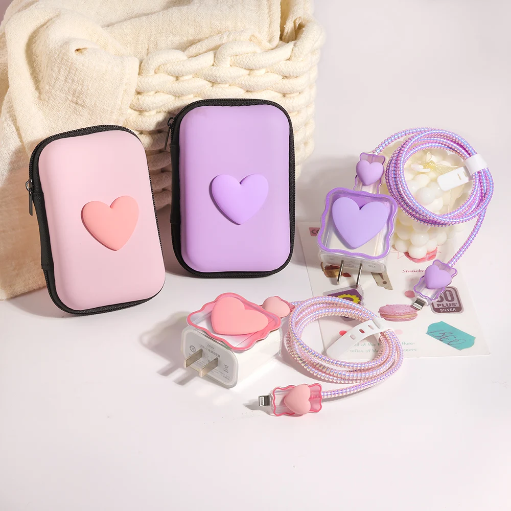 6PCS 3D love heart silicone charger cable protector case storage bag for iPhone